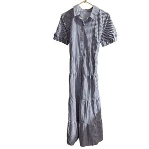Utcoco Maxi Dress Womens Medium Blue White Striped Tiered Cotton Puff Sleeve S3
